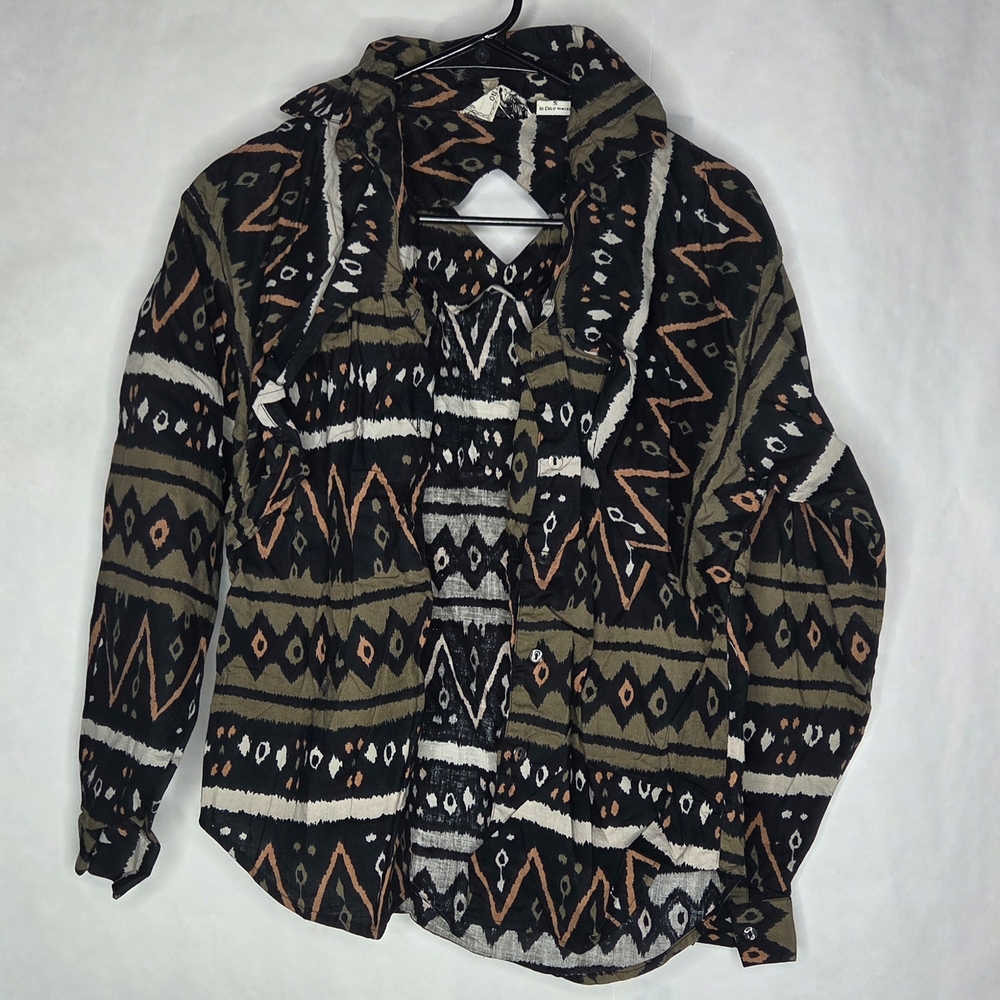 Black Aztec Print Casual Button-Down Shirt with Olive and Rust Accents